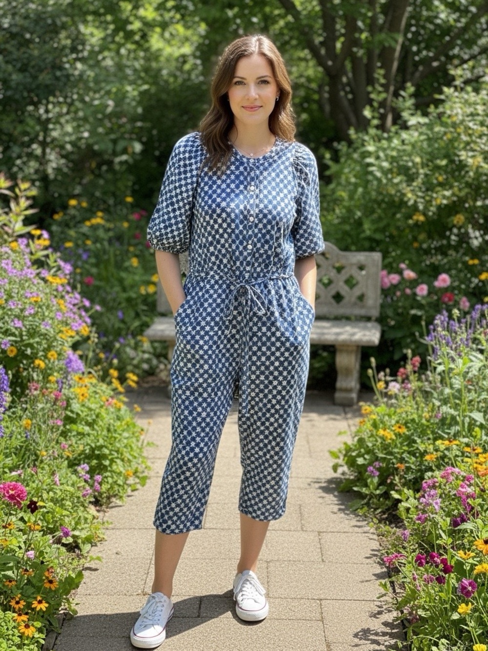 Universal Thread Blue Patterned Cotton-Blend Cropped Jumpsuit